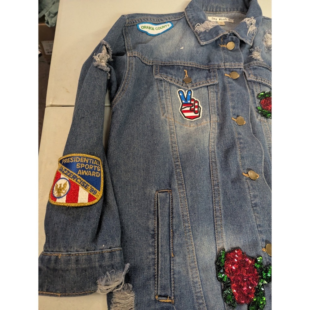 Say What? Oversized Denim Jacket XS Sequin Tiger Rose Patches Distressed Jean - Picture 11 of 16